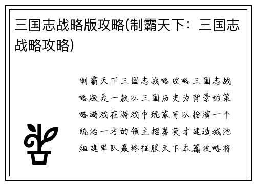 三国志战略版攻略(制霸天下：三国志战略攻略)